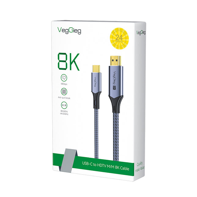 VegGieg 8K USB-C (Type-C) to HDMI Cable 2M | 8K@60Hz Ultra HD | HDR | Nylon Braided | Plug & Play | Gold Plated