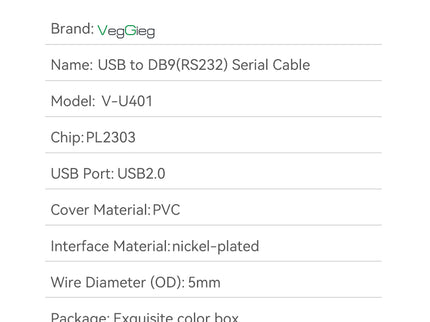VegGieg V-U401 USB to Serial RS232 Adapter Cable | DB9 Male | FTDI Chipset | Plug & Play | 1.5m Length | Supports Windows, Linux, macOS