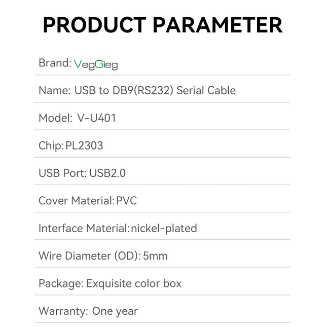 VegGieg V-U401 USB to Serial RS232 Adapter Cable | DB9 Male | FTDI Chipset | Plug & Play | 1.5m Length | Supports Windows, Linux, macOS