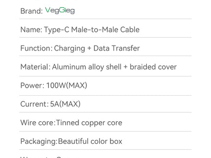 VegGieg USB-C to USB-C 100W PD Fast Charging Cable | 1.2m Braided | 5A E-Marker Chip | 480Mbps Data Transfer | CarPlay & Android Auto Compatible