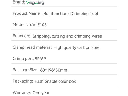 VegGieg E103 Network Crimping Tool | 3-in-1 RJ45/RJ11/RJ12 Crimper | Cable Cutter & Stripper | Ethernet Tool for Network Installations