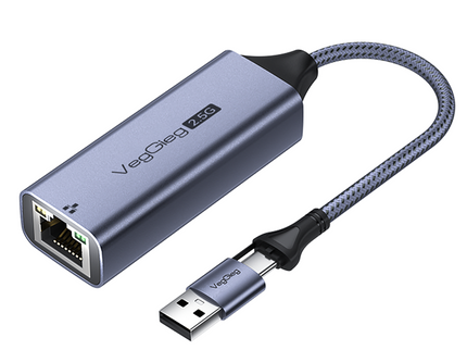 VegGieg USB & Type-C to 2.5 Gigabit Ethernet LAN Adapter | 2-in-1 USB-A & USB-C | 2.5Gbps High-Speed Network Adapter | Plug & Play | Nylon Braided Cable