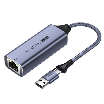 VegGieg USB & Type-C to 2.5 Gigabit Ethernet LAN Adapter | 2-in-1 USB-A & USB-C | 2.5Gbps High-Speed Network Adapter | Plug & Play | Nylon Braided Cable