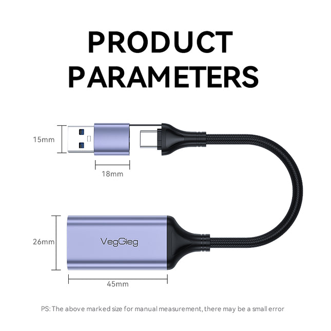 VegGieg USB/Type-C Video Capture Card | 4K Input, 1080P Recording | HDMI Game Capture for PS4/PS5/Switch | Live Streaming Compatible with OBS & More