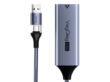 VegGieg USB & Type-C to 2.5 Gigabit Ethernet LAN Adapter | 2-in-1 USB-A & USB-C | 2.5Gbps High-Speed Network Adapter | Plug & Play | Nylon Braided Cable