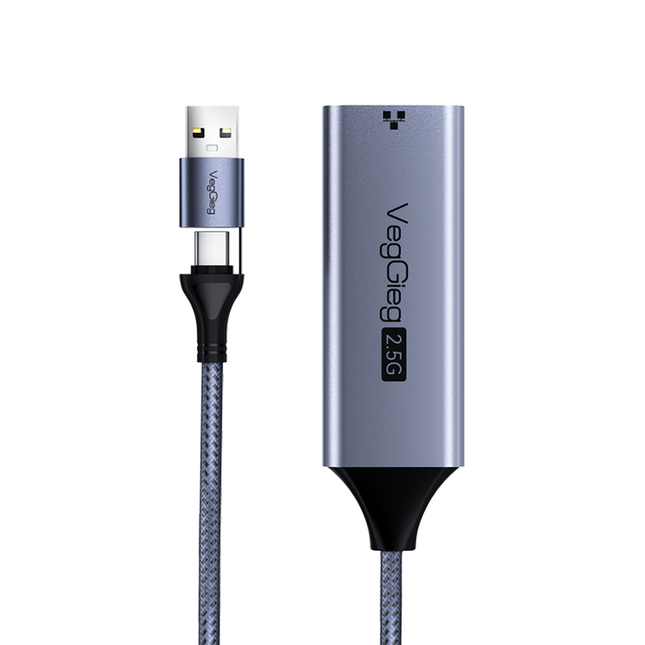 VegGieg USB & Type-C to 2.5 Gigabit Ethernet LAN Adapter | 2-in-1 USB-A & USB-C | 2.5Gbps High-Speed Network Adapter | Plug & Play | Nylon Braided Cable