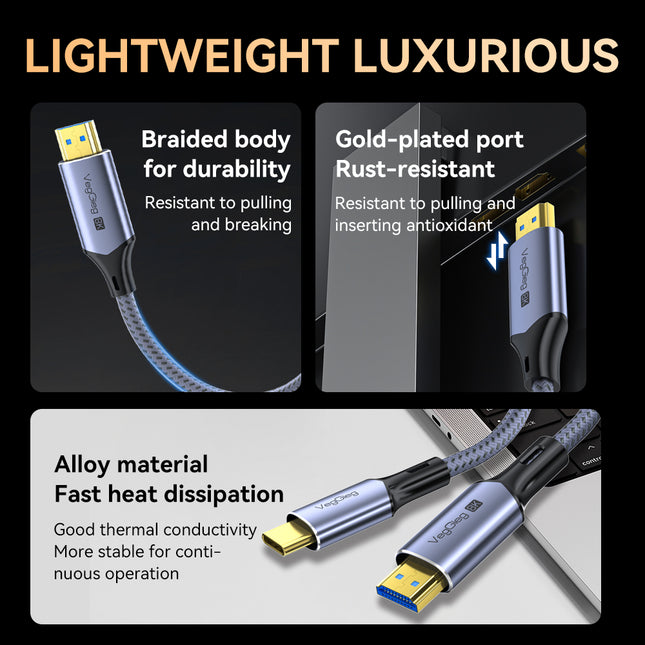VegGieg 8K USB-C (Type-C) to HDMI Cable 2M | 8K@60Hz Ultra HD | HDR | Nylon Braided | Plug & Play | Gold Plated
