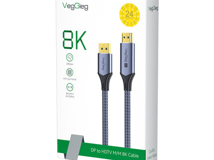 VegGieg 8K DisplayPort to HDMI Cable 2M (DP to HDMI) | 8K@60Hz UHD | HDR | Nylon Braided | Gold Plated | Audio Video Sync | Plug & Play