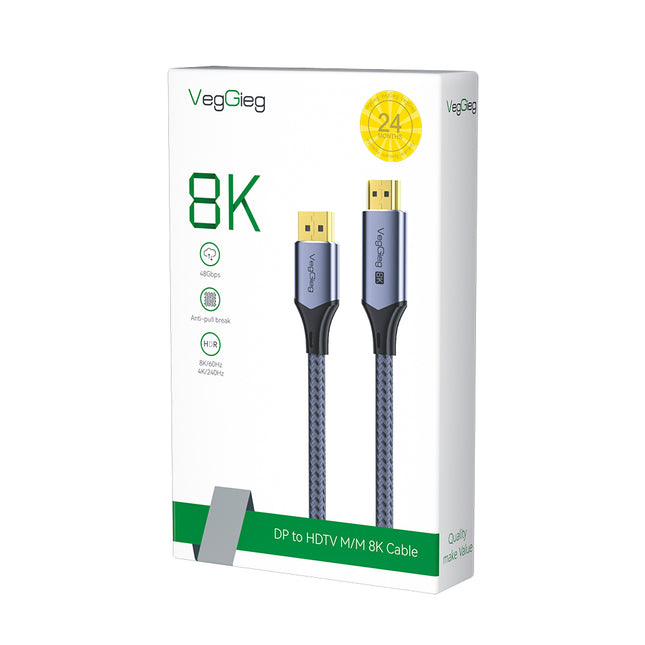 VegGieg 8K DisplayPort to HDMI Cable 2M (DP to HDMI) | 8K@60Hz UHD | HDR | Nylon Braided | Gold Plated | Audio Video Sync | Plug & Play