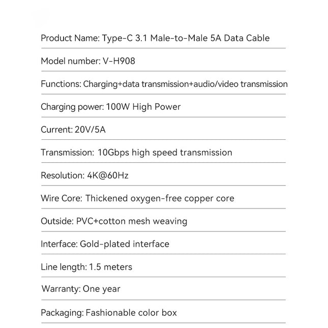VegGieg V-H921 USB-C to USB-C Cable | 100W PD Fast Charging | 4K Display Output | 10Gbps Data Transfer | 2m Braided Durable Cable