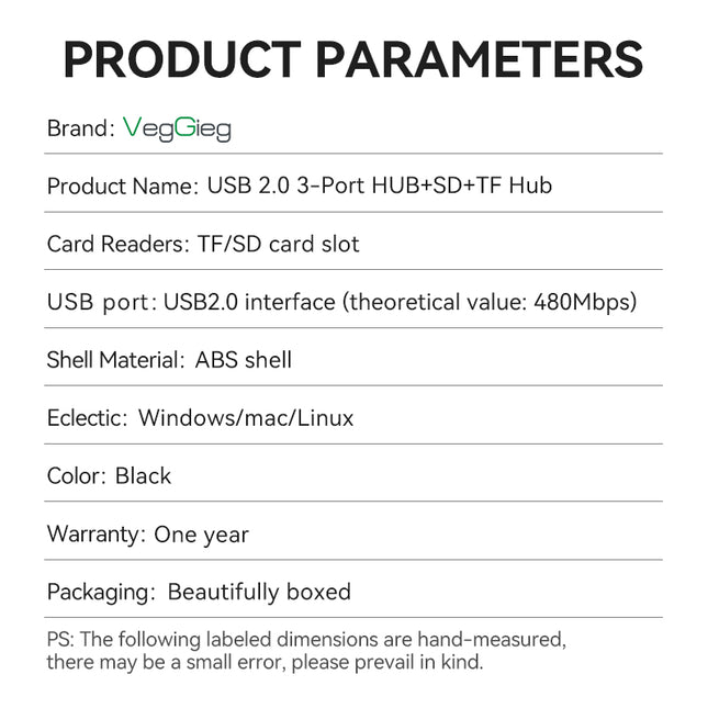 VegGieg 6-Port USB 2.0 Hub with SD/TF Card Reader | 1m Cable | High-Speed Data Transfer | Compact & Durable
