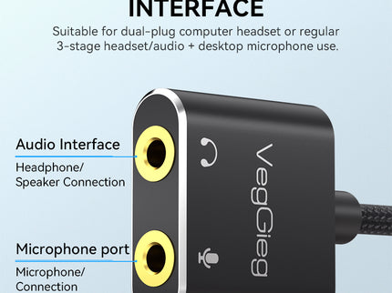 VegGieg USB Sound Card Adapter | External Audio Interface | 3.5mm Jack & Mic Ports | Plug & Play
