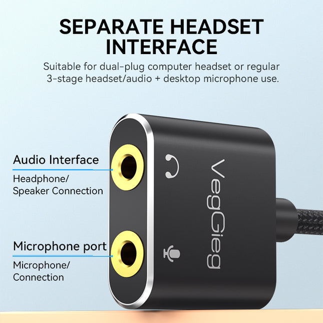 VegGieg USB Sound Card Adapter | External Audio Interface | 3.5mm Jack & Mic Ports | Plug & Play
