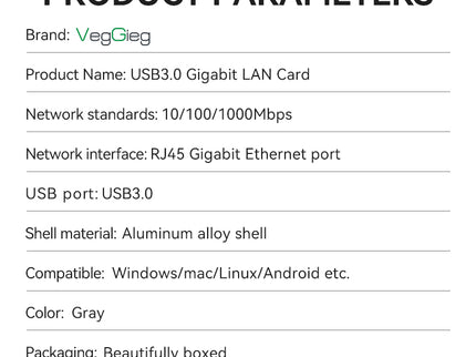 VegGieg USB to Ethernet Adapter | 100Mbps & 1000Mbps | Alloy Shell | Plug & Play | USB 2.0/3.0 Support