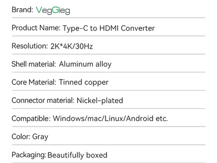 VegGieg Type-C to HDMI Adapter | 4K @ 60Hz | USB-C to HDMI Converter for Laptop, MacBook, iPad, Android Phone | Plug & Play | Aluminum Alloy