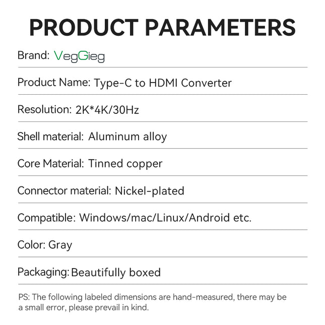 VegGieg Type-C to HDMI Adapter | 4K @ 60Hz | USB-C to HDMI Converter for Laptop, MacBook, iPad, Android Phone | Plug & Play | Aluminum Alloy