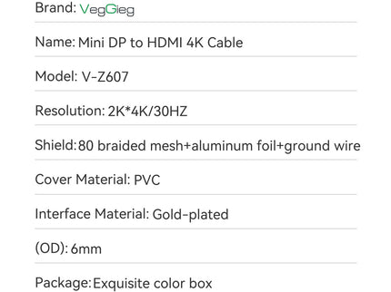 VegGieg Mini DisplayPort (Mini DP) to HDMI Cable | 4K @ 30Hz | mDP to HDMI Converter for MacBook, Surface, Laptop to Monitor, TV, Projector | Plug & Play