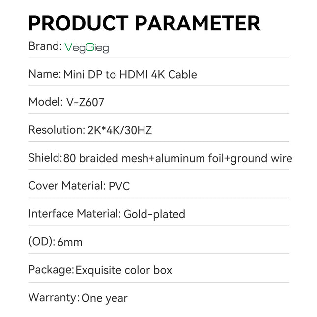 VegGieg Mini DisplayPort (Mini DP) to HDMI Cable | 4K @ 30Hz | mDP to HDMI Converter for MacBook, Surface, Laptop to Monitor, TV, Projector | Plug & Play