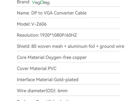 VegGieg DisplayPort (DP) to VGA Cable | 1080P @ 60Hz | DP to VGA Converter Cable for Monitor, Projector, TV | Plug & Play | 1.5M