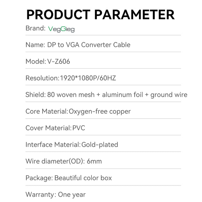 VegGieg DisplayPort (DP) to VGA Cable | 1080P @ 60Hz | DP to VGA Converter Cable for Monitor, Projector, TV | Plug & Play | 1.5M