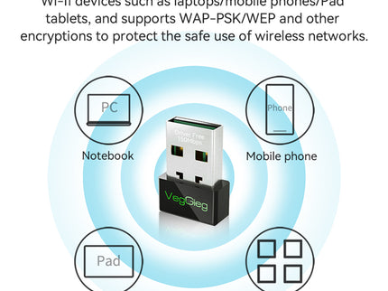 VegGieg 150Mbps Wireless USB Adapter | 2.4GHz Plug & Play WiFi Network Adapter for Desktop & Laptop