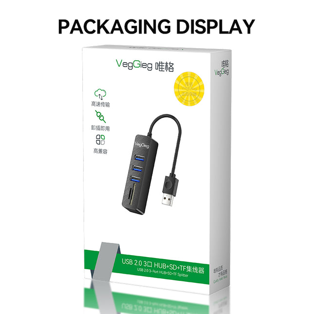 VegGieg 6-Port USB 2.0 Hub with SD/TF Card Reader | 1m Cable | High-Speed Data Transfer | Compact & Durable