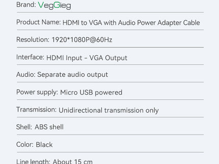 VegGieg HDMI to VGA Adapter | 1080P @ 60Hz | With or Without Audio | Video Converter for Monitor, Projector, TV