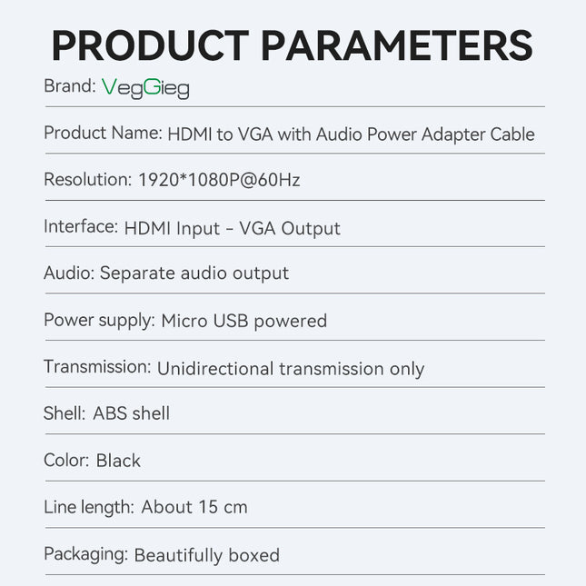 VegGieg HDMI to VGA Adapter | 1080P @ 60Hz | With or Without Audio | Video Converter for Monitor, Projector, TV