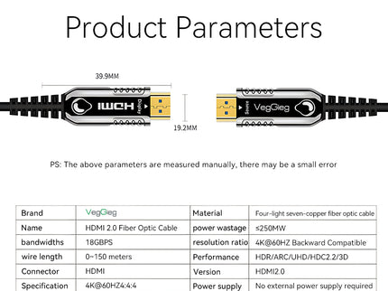 VegGieg V-H707 HDMI Active Optical Cable | 4K@60Hz | HDR | ARC | EDID | Gold-Plated | Long-Distance Fiber Connection | Durable & Reliable (25m, 30m)