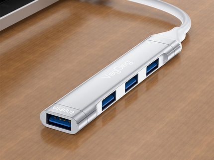 VegGieg USB-C to 4-Port USB Hub | 1× USB 3.0 + 3× USB 2.0 | Silver Alloy Shell | 0.15m Braided Cable | Compact & Durable