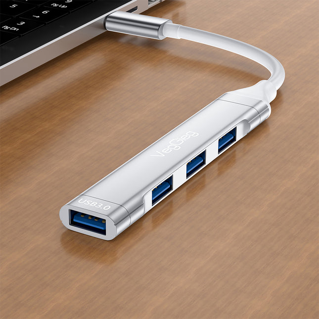 VegGieg USB-C to 4-Port USB Hub | 1× USB 3.0 + 3× USB 2.0 | Silver Alloy Shell | 0.15m Braided Cable | Compact & Durable