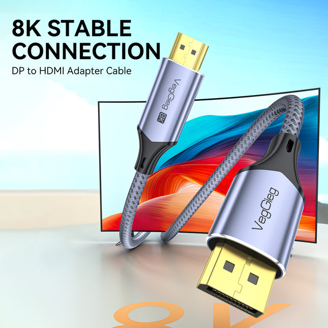 VegGieg 8K DisplayPort to HDMI Cable 2M (DP to HDMI) | 8K@60Hz UHD | HDR | Nylon Braided | Gold Plated | Audio Video Sync | Plug & Play
