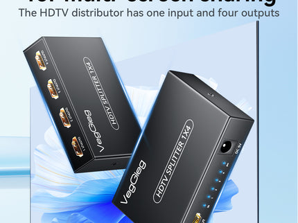 VegGieg 1x4 HDMI Splitter | 4K@30Hz Ultra HD Output | Multi-Screen HDMI Duplicator | Supports PS5, TV, Monitor, Projector, Fire Stick