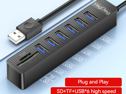 VegGieg 6-Port USB 2.0 Hub with SD/TF Card Reader | 1m Cable | High-Speed Data Transfer | Compact & Durable