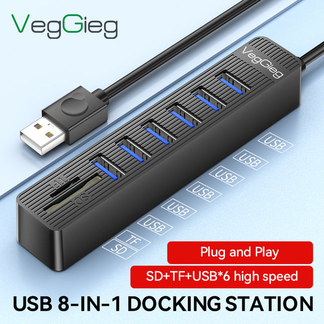 VegGieg 6-Port USB 2.0 Hub with SD/TF Card Reader | 1m Cable | High-Speed Data Transfer | Compact & Durable
