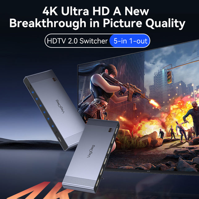 VegGieg 5-in-1 HDMI 2.0 Switch | 5 Port HDMI Switcher | Supports 4K@60Hz | IR Remote & Manual Switching