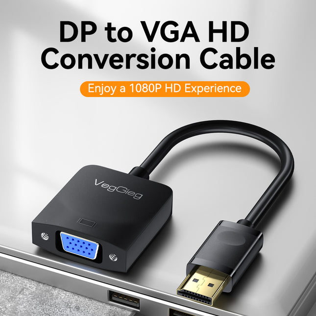 VegGieg V-Z615 DisplayPort (DP) to VGA Converter | 1080p Full HD | Plug & Play | Gold-Plated Connectors | PC to Monitor/Projector Adapter