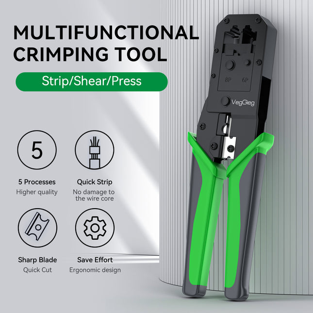 VegGieg E103 Network Crimping Tool | 3-in-1 RJ45/RJ11/RJ12 Crimper | Cable Cutter & Stripper | Ethernet Tool for Network Installations