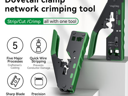 VegGieg Dovetail Clamp Network Crimping Tool | CAT5e–CAT8 | 3-in-1 Cut / Strip / Crimp | Precision & Durable Design