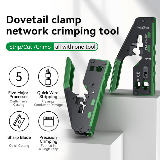 VegGieg Dovetail Clamp Network Crimping Tool | CAT5e–CAT8 | 3-in-1 Cut / Strip / Crimp | Precision & Durable Design