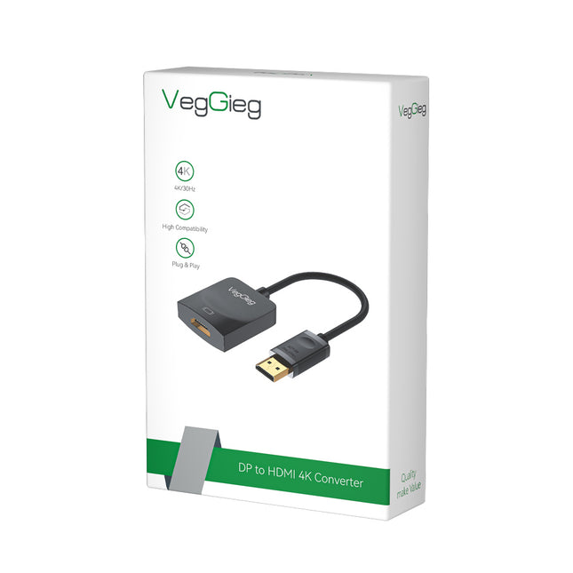 VegGieg DisplayPort (DP) to HDMI Adapter | 4K @ 30Hz | Gold-Plated Connector | Plug & Play | Compact Video Converter