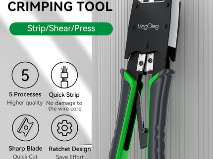 VegGieg V-E106 Professional Crimping Tool | RJ45 / RJ12 / RJ11 Modular Plug Crimper | Cable Stripper & Cutter | Durable Steel Build