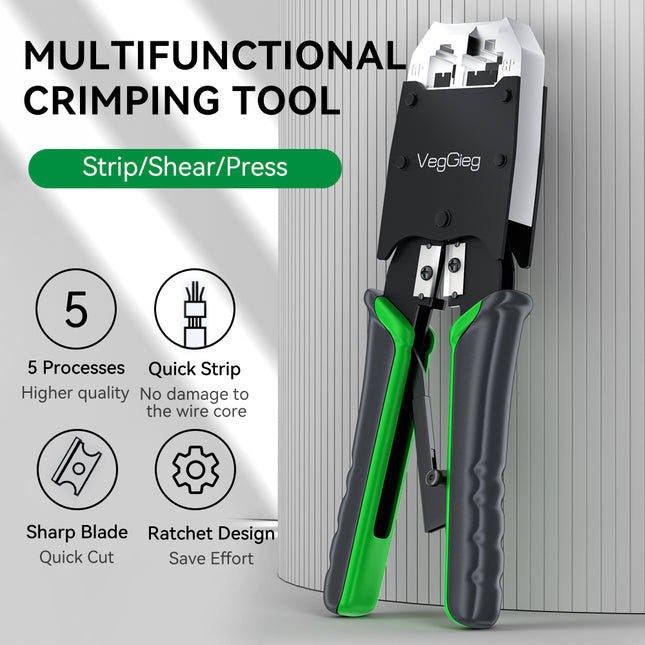 VegGieg V-E106 Professional Crimping Tool | RJ45 / RJ12 / RJ11 Modular Plug Crimper | Cable Stripper & Cutter | Durable Steel Build