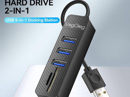 VegGieg 6-Port USB 2.0 Hub with SD/TF Card Reader | 1m Cable | High-Speed Data Transfer | Compact & Durable