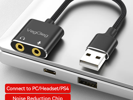 VegGieg USB Sound Card Adapter | External Audio Interface | 3.5mm Jack & Mic Ports | Plug & Play