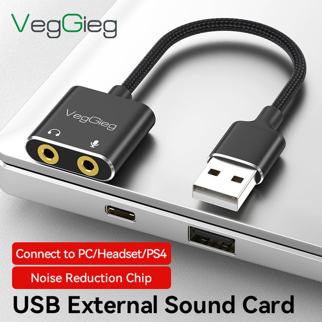VegGieg USB Sound Card Adapter | External Audio Interface | 3.5mm Jack & Mic Ports | Plug & Play
