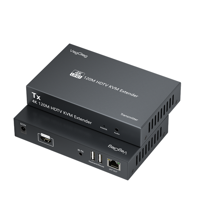 VegGieg V-HD011 HDMI KVM Extender over CAT6 | 120M | 4K@30Hz UHD | IR & Stereo Audio Support | USB Keyboard & Mouse Extension | Plug & Play