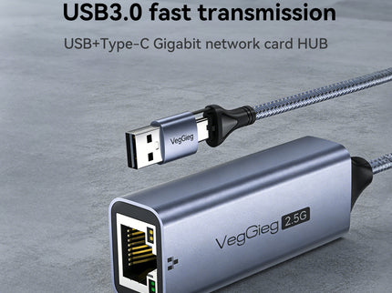 VegGieg USB & Type-C to 2.5 Gigabit Ethernet LAN Adapter | 2-in-1 USB-A & USB-C | 2.5Gbps High-Speed Network Adapter | Plug & Play | Nylon Braided Cable