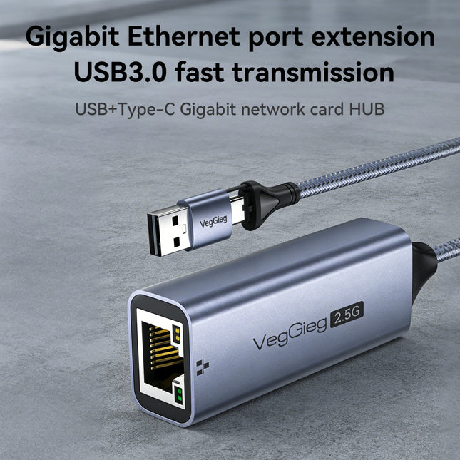 VegGieg USB & Type-C to 2.5 Gigabit Ethernet LAN Adapter | 2-in-1 USB-A & USB-C | 2.5Gbps High-Speed Network Adapter | Plug & Play | Nylon Braided Cable