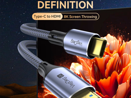 VegGieg 8K USB-C (Type-C) to HDMI Cable 2M | 8K@60Hz Ultra HD | HDR | Nylon Braided | Plug & Play | Gold Plated
